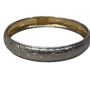 Vintage Sterling Silver Floral Engraved Bangle Bracelet 13.11g Art Nouveau Deco